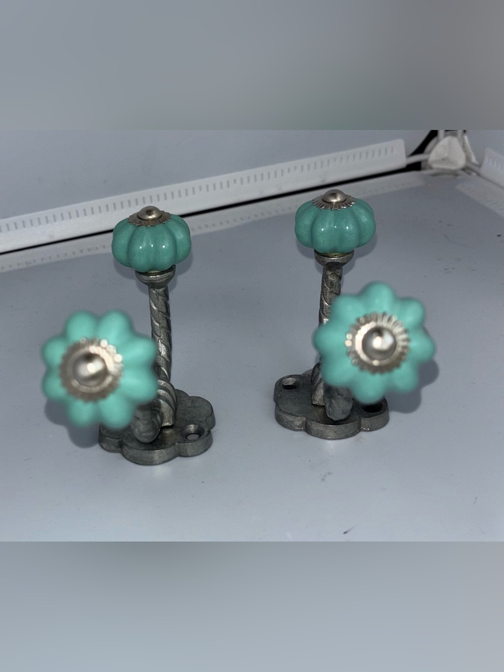 Anthropologie Ceramic Melon Knob Wall Hooks Teal Green Silver Set of 2